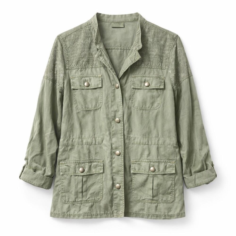 Chico’s Utility Jacket Lyocell Safari Military Olive Green Women Size 2 Light